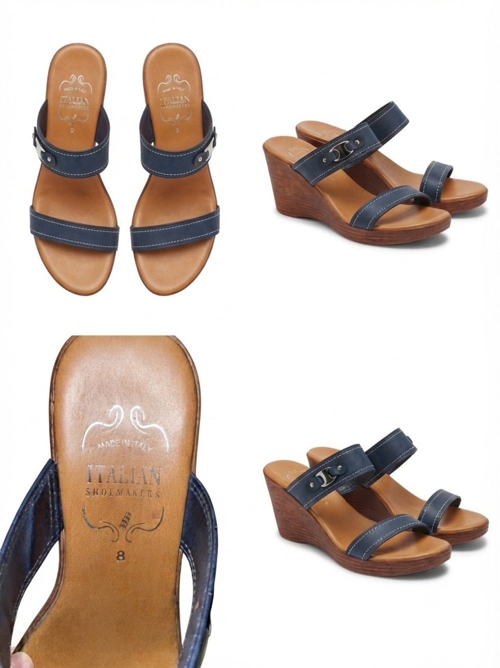 Italian Shoemakers Navy Leather Double-Strap Wedge Sandals